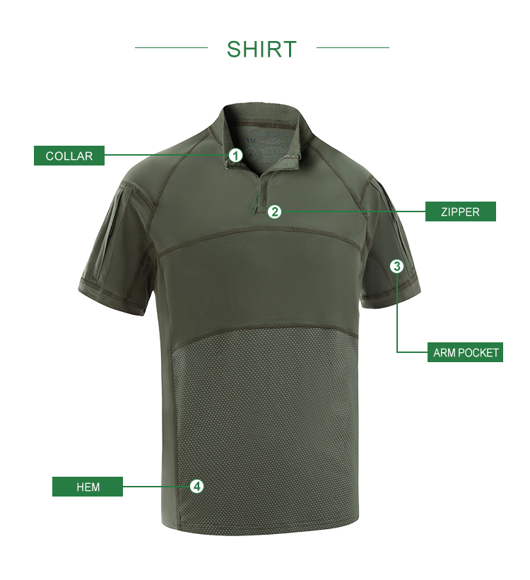 Infographic detailing the features of the custom olive green G4 short sleeve combat shirt: collar, zipper, arm pocket, and hem.