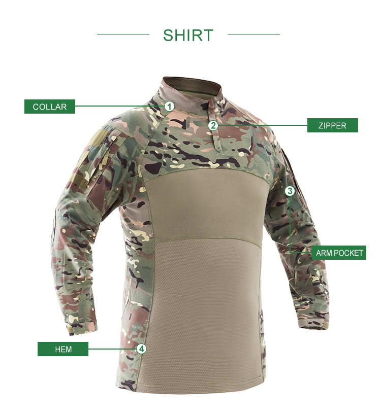 Infographic detailing the features of the custom CP camo G4 combat shirt: collar, zipper, arm pocket, and hem.