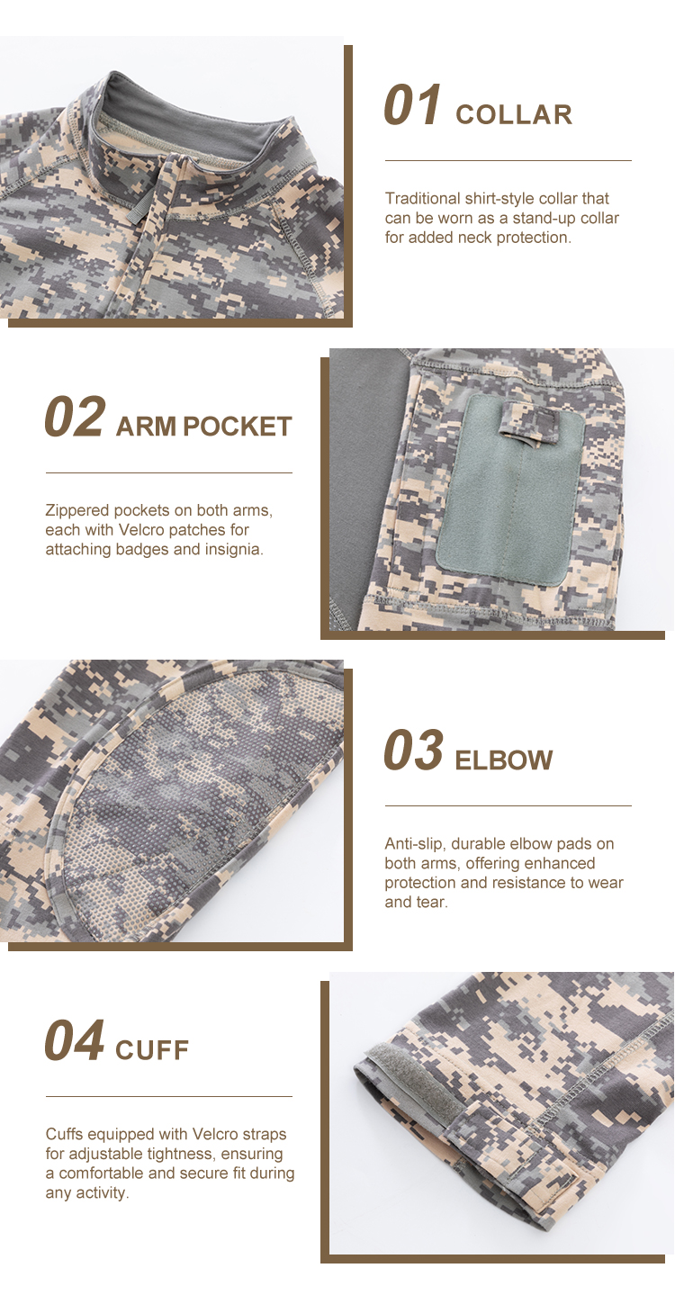 Detailed infographic of four G4 combat shirt features: stand-up collar, zippered arm pocket, integrated elbow pad, and velcro cuff.