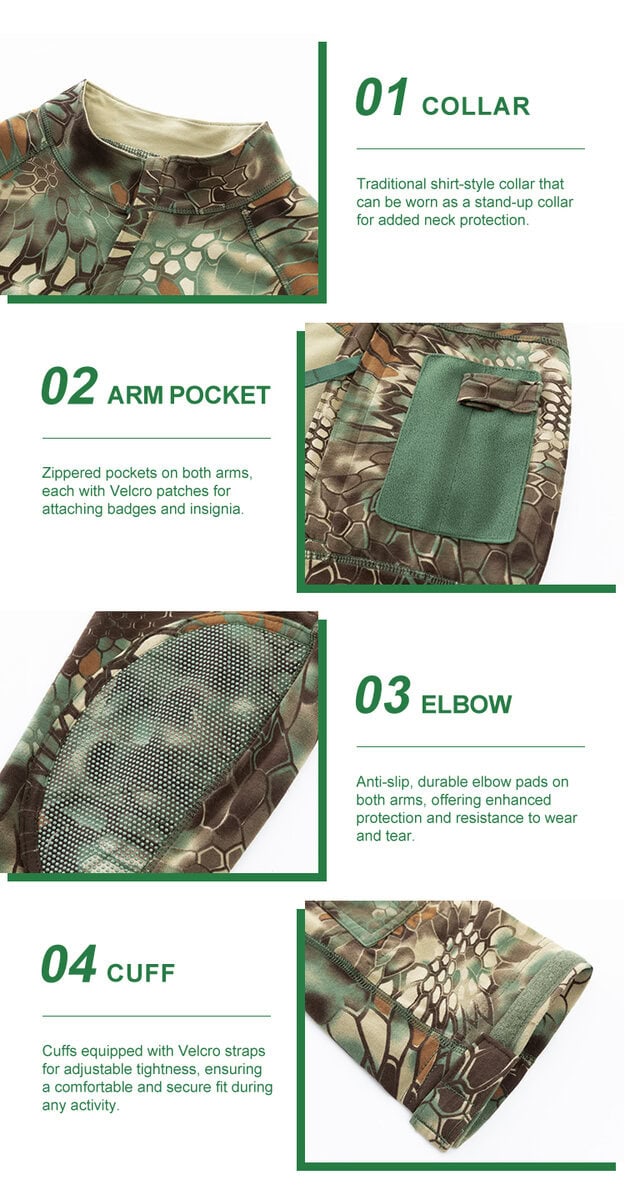 Detailed infographic of four G4 combat shirt features: stand-up collar, zippered arm pocket, integrated elbow pad, and velcro cuff.