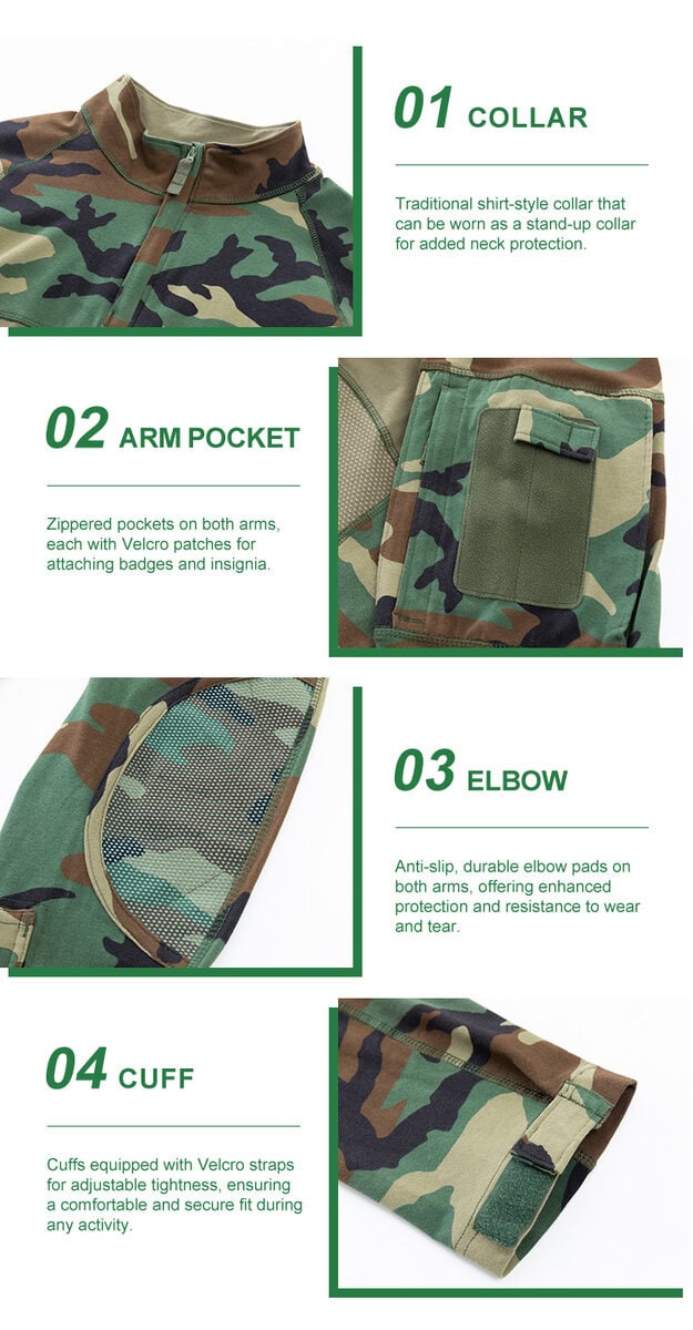 Detailed infographic of four G4 combat shirt features: stand-up collar, zippered arm pocket, integrated elbow pad, and velcro cuff.