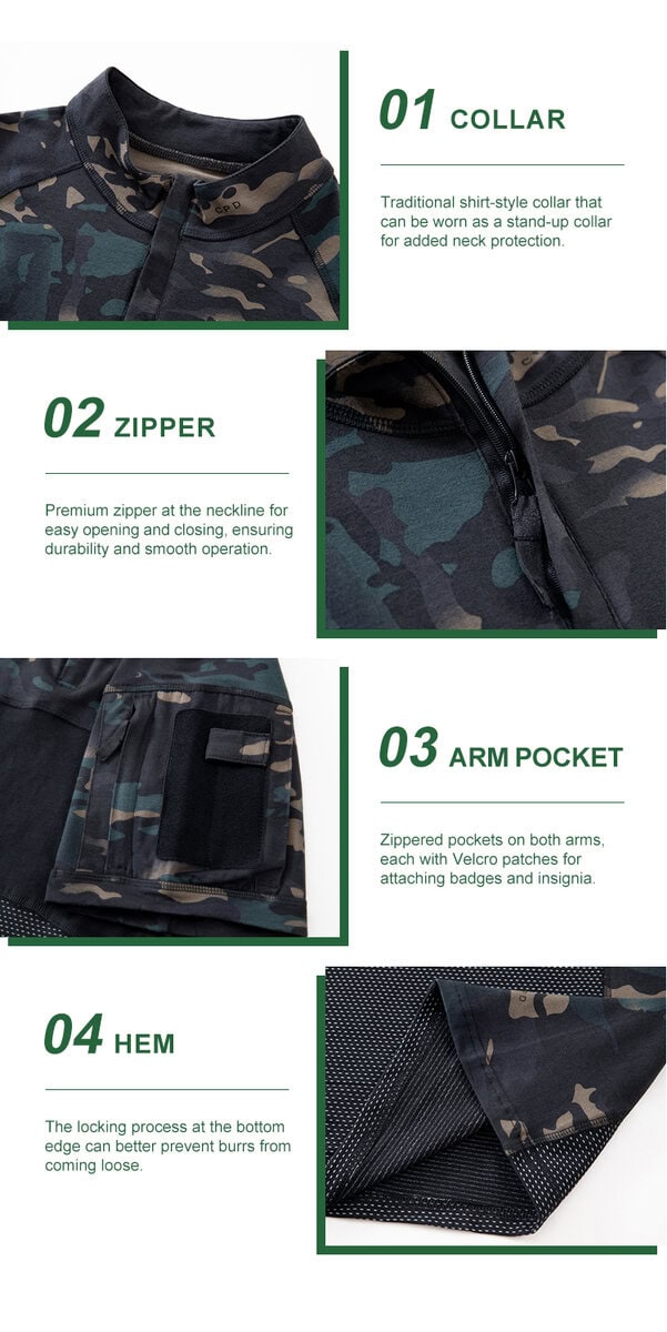 Detailed infographic of four G4 combat shirt features: stand-up collar, premium zipper, zippered arm pocket, and locked hem.