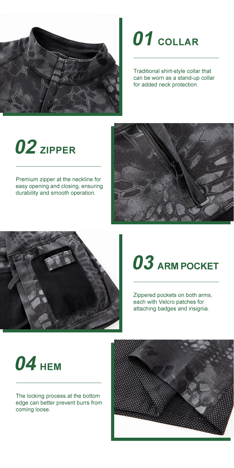 Detailed infographic of four G4 combat shirt features: stand-up collar, premium zipper, zippered arm pocket, and locked hem.