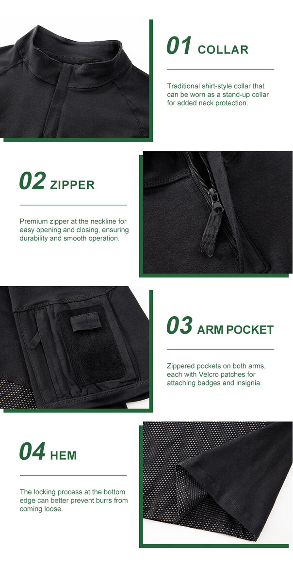Detailed infographic of four G4 combat shirt features: stand-up collar, premium zipper, zippered arm pocket, and locked hem.