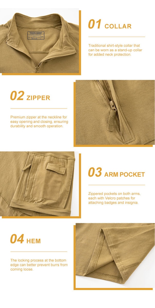 Detailed infographic of four G4 combat shirt features: stand-up collar, premium zipper, zippered arm pocket, and locked hem.