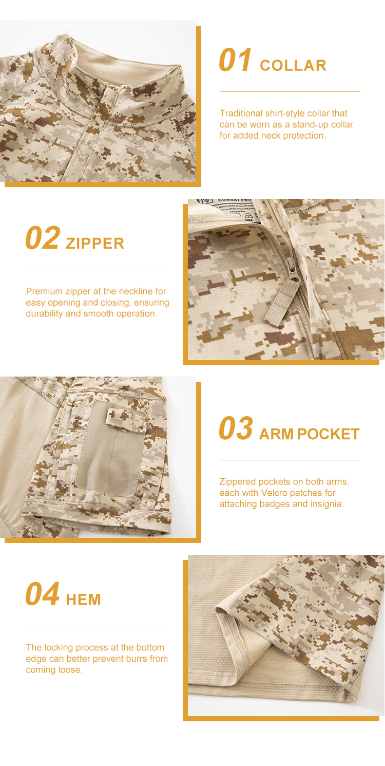 Detailed infographic of four G4 combat shirt features: stand-up collar, premium zipper, zippered arm pocket, and locked hem.