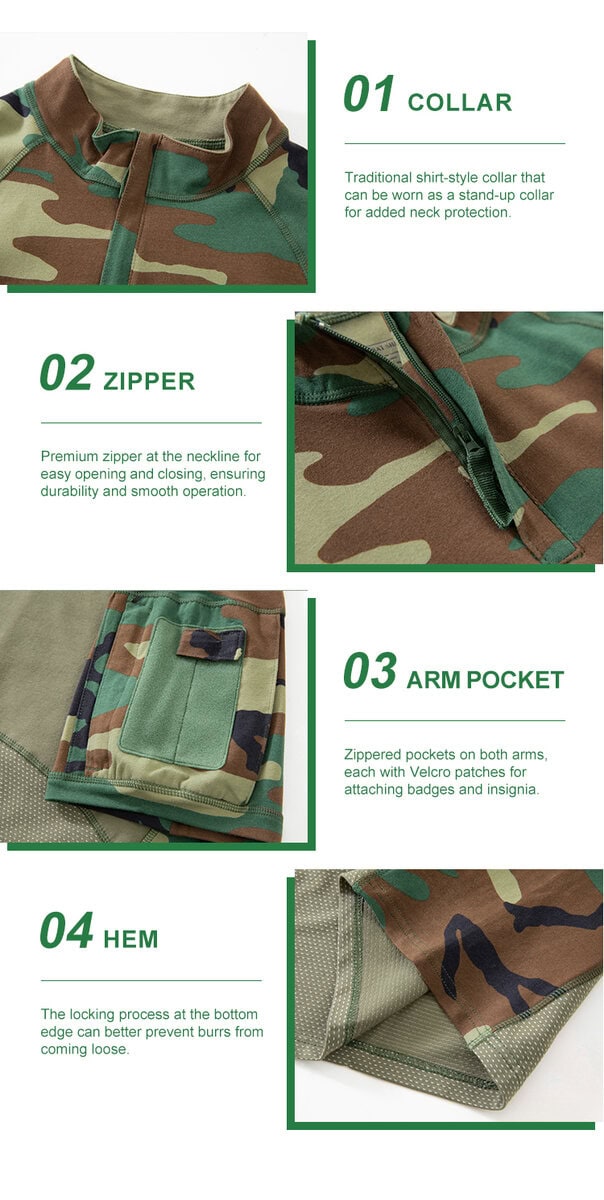 Detailed infographic of four G4 combat shirt features: stand-up collar, premium zipper, zippered arm pocket, and locked hem.