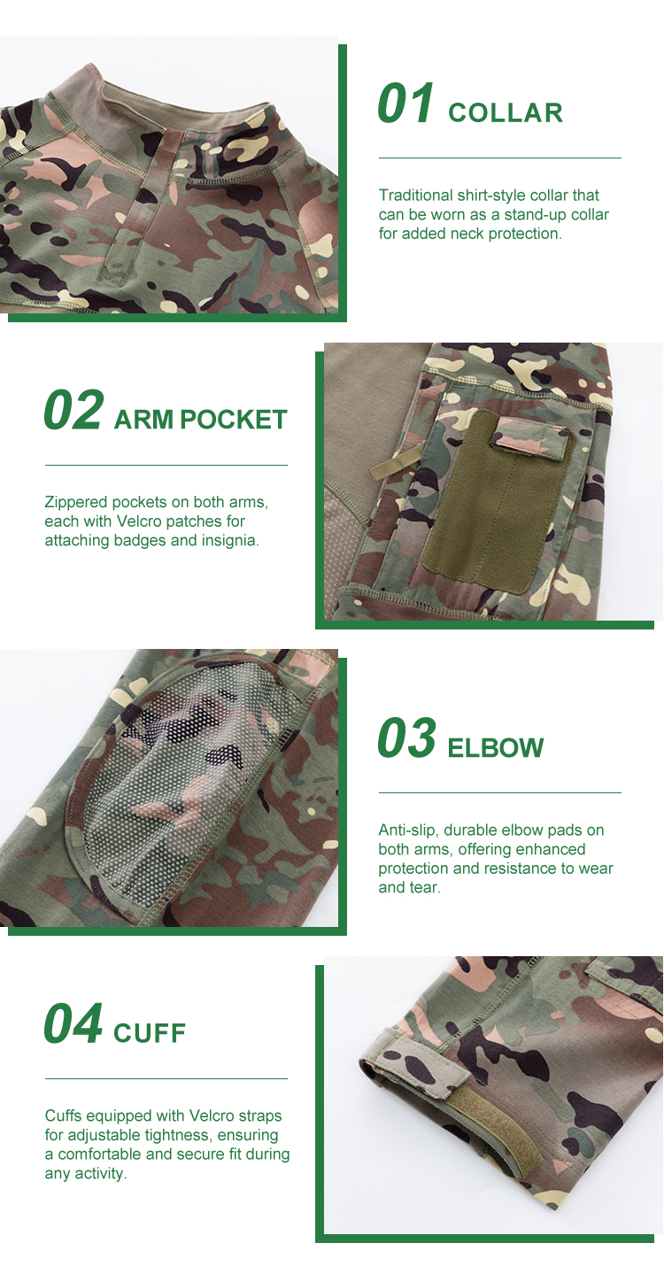 Detailed infographic of four G4 combat shirt features: stand-up collar, zippered arm pocket, integrated elbow pad, and velcro cuff.