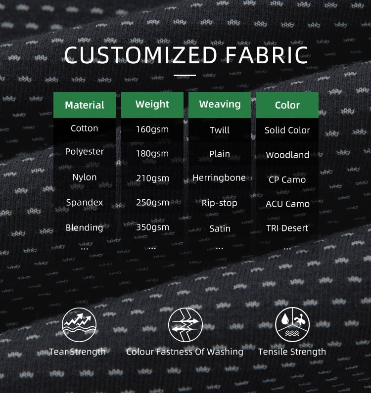 Chart of customizable fabric options for the custom black CP G4 short sleeve combat shirt, including rip-stop and various weights.