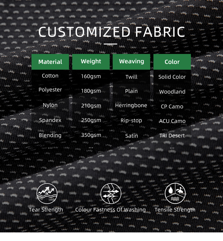 Chart of customizable fabric options for the custom black G4 short sleeve combat shirt, including rip-stop and various weights.