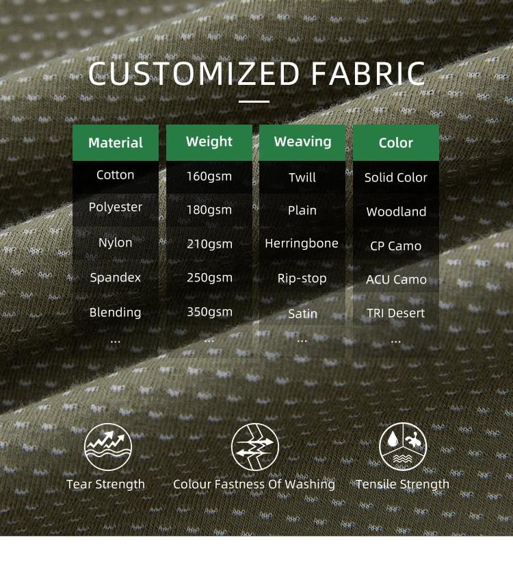 Chart of customizable fabric options for the custom woodland camo G4 short sleeve combat shirt, including rip-stop and various weights.