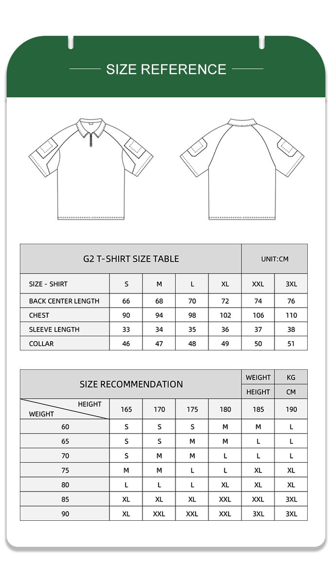 Full size reference chart with measurements for the custom woodland camo short sleeve combat shirt, including a size recommendation guide.
