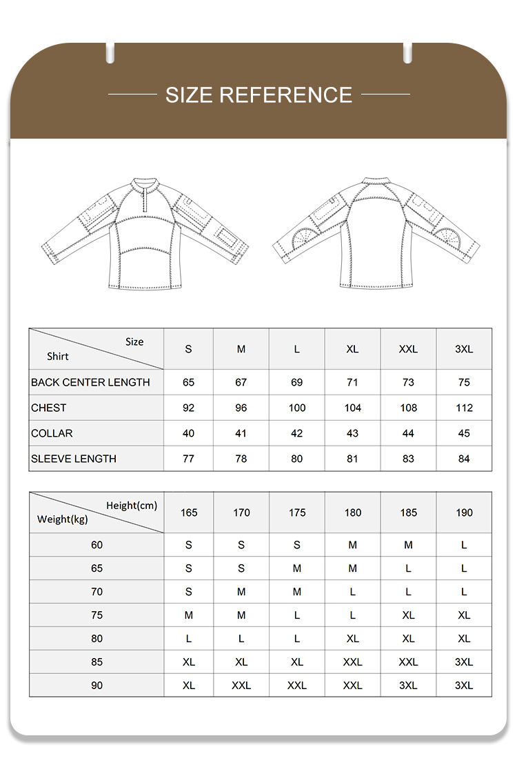 Full size reference and recommendation chart with measurements for the custom ACU G4 long sleeve combat shirt.