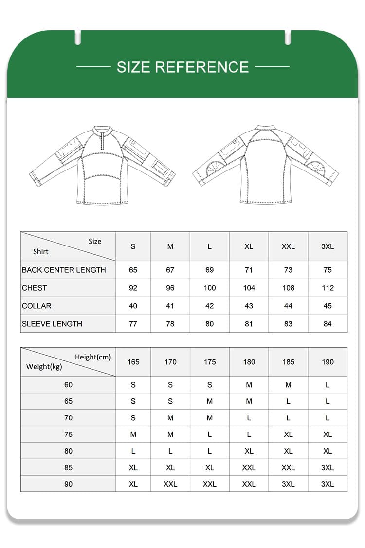 Full size reference and recommendation chart with measurements for the custom woodland camo G4 long sleeve combat shirt.