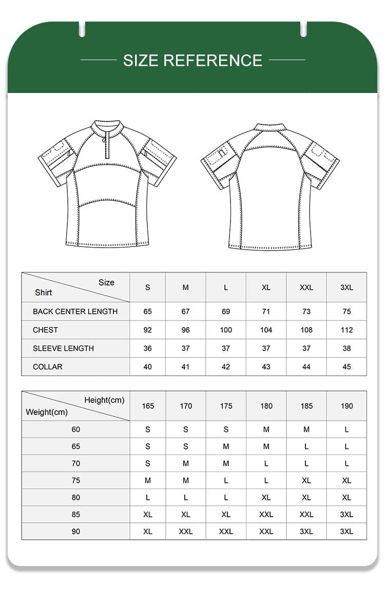 Full size reference and recommendation chart with measurements for the custom black CP G4 short sleeve combat shirt.