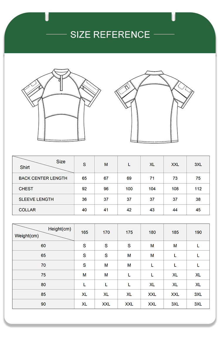 Full size reference and recommendation chart with measurements for the custom CP camo G4 short sleeve combat shirt.