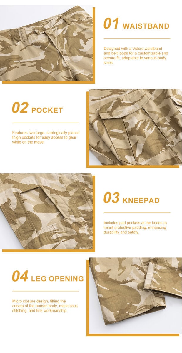 Detailed infographic of four G2 trouser features: velcro waistband, thigh pocket, knee pad pocket, and fine-stitched leg opening.