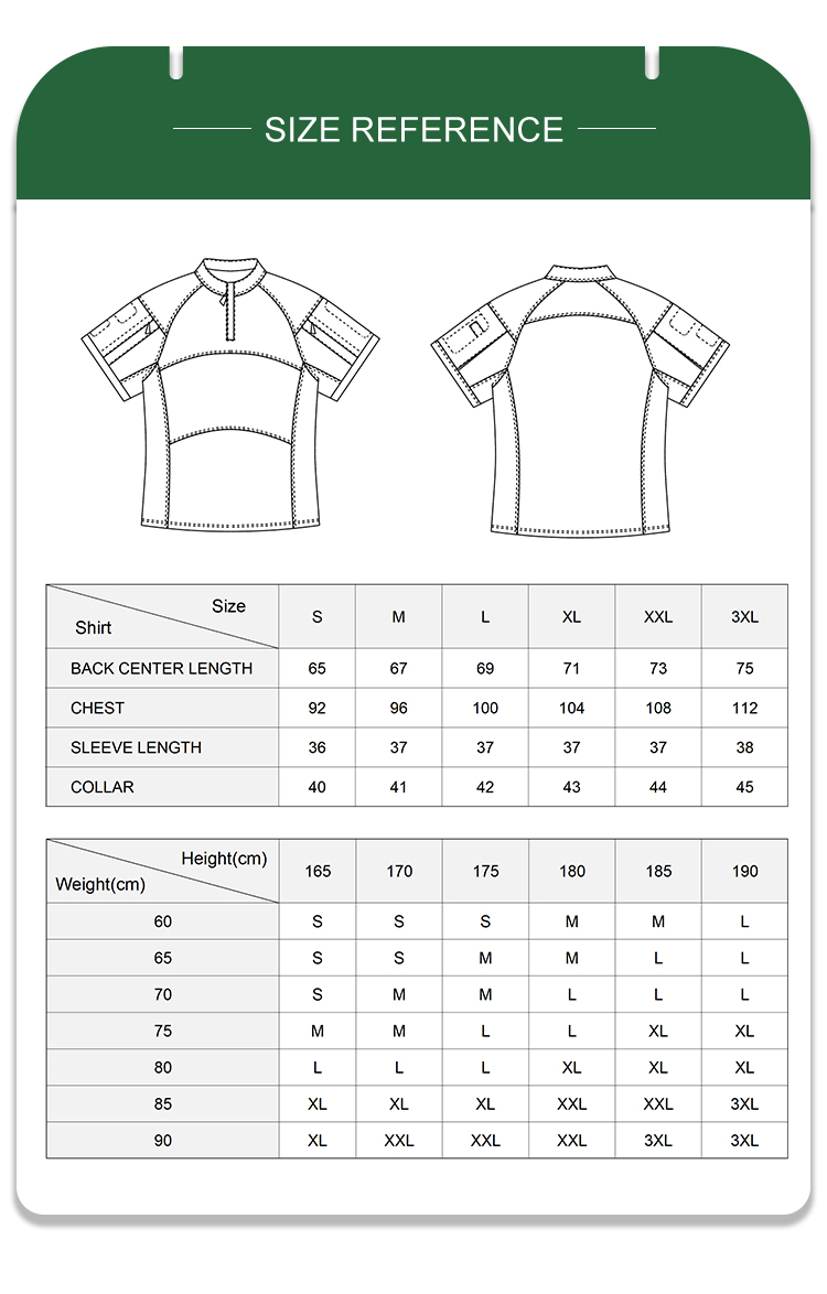 Full size reference and recommendation chart with measurements for the custom black python G4 combat shirt.