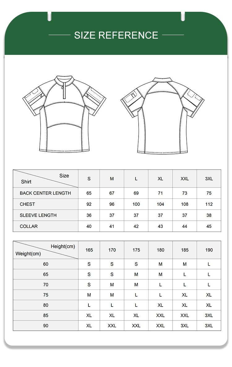 Full size reference and recommendation chart with measurements for the custom black G4 short sleeve combat shirt.