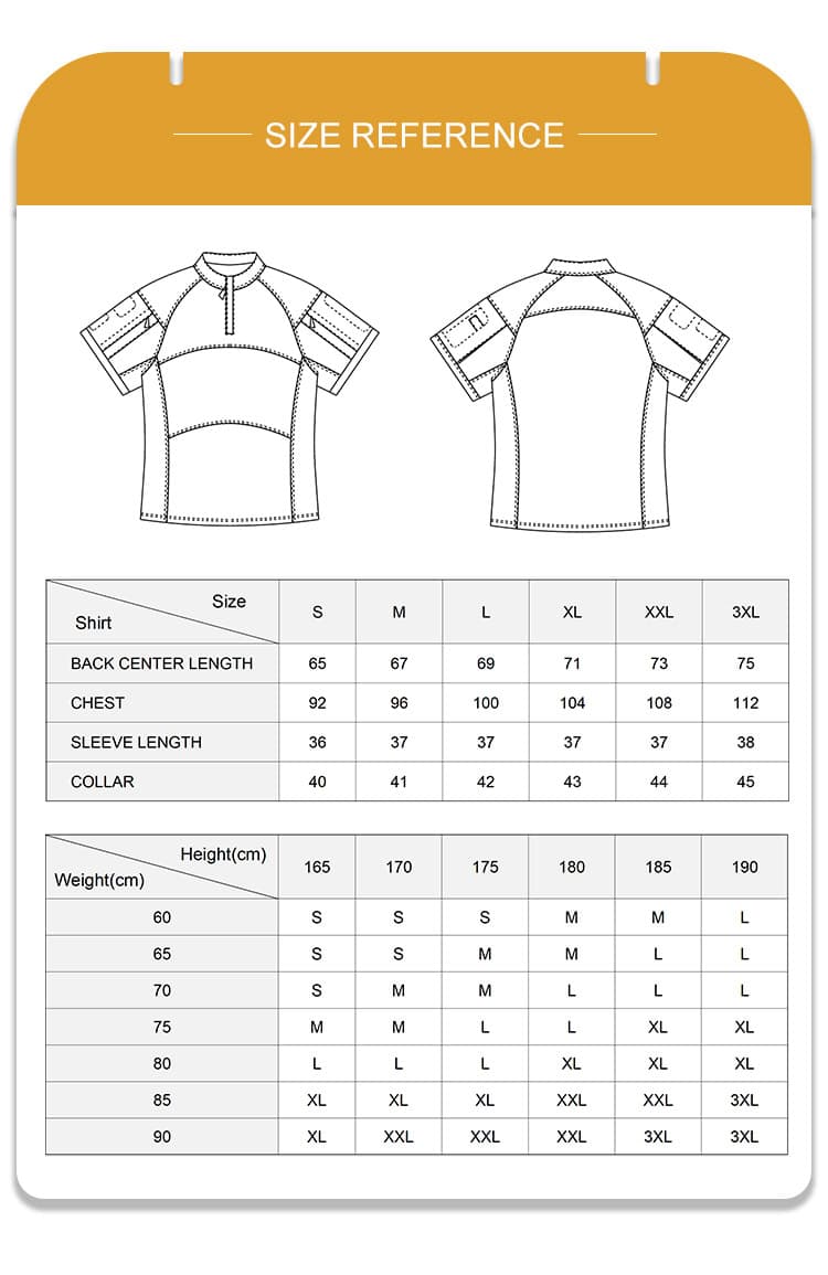 Full size reference and recommendation chart with measurements for the custom tan G4 short sleeve combat shirt.