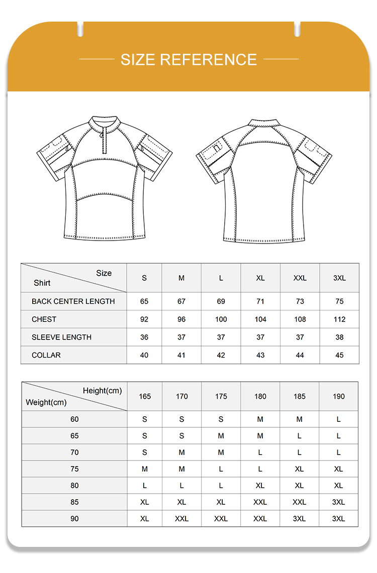 Full size reference and recommendation chart with measurements for the custom digital desert G4 short sleeve combat shirt.