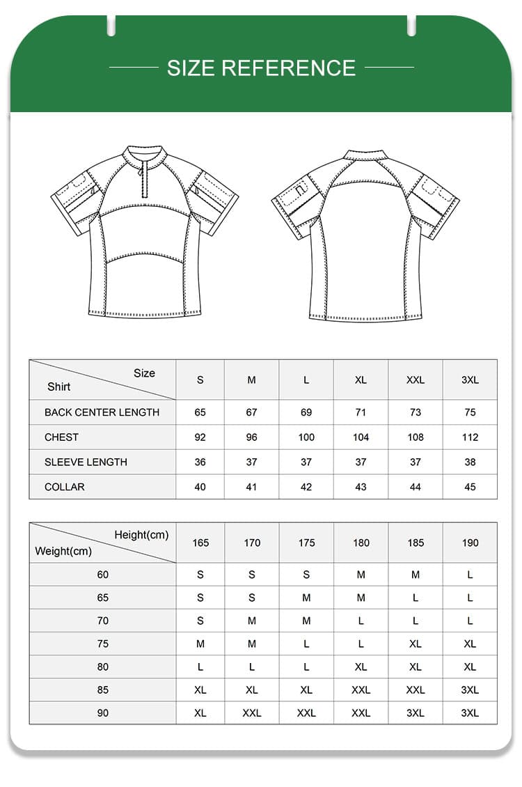 Full size reference and recommendation chart with measurements for the custom woodland camo G4 short sleeve combat shirt.