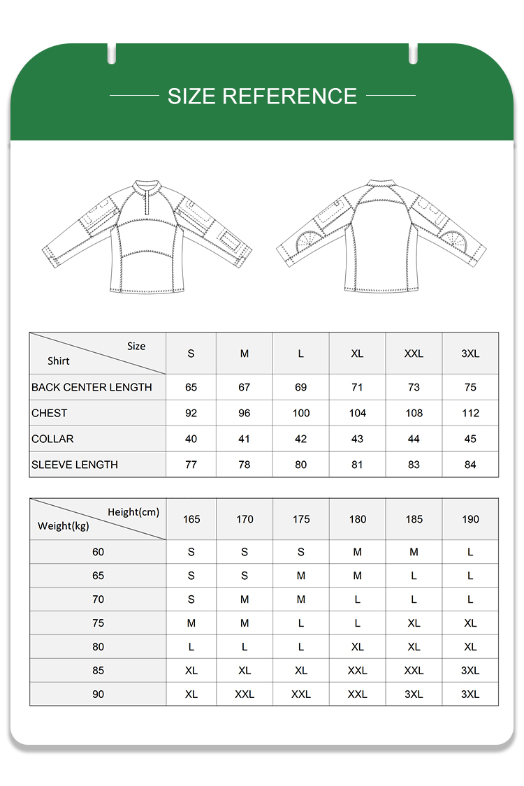 Full size reference and recommendation chart with measurements for the custom CP camo G4 combat shirt.