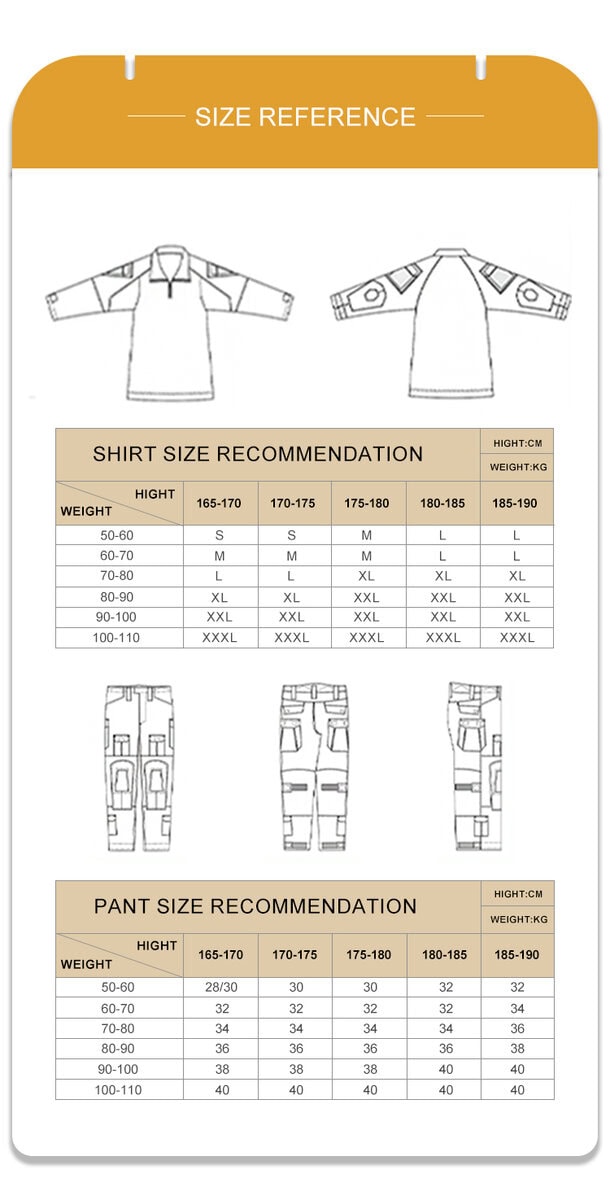 Full size recommendation chart with measurements for the custom British desert camo G2 combat shirt and trousers.