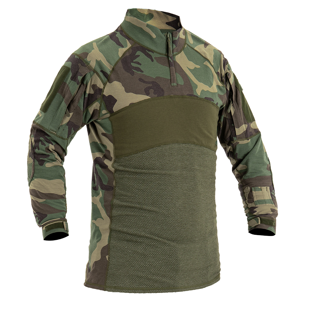 Front view of the custom woodland camo G4 combat shirt with a breathable, multi-panel olive drab torso.