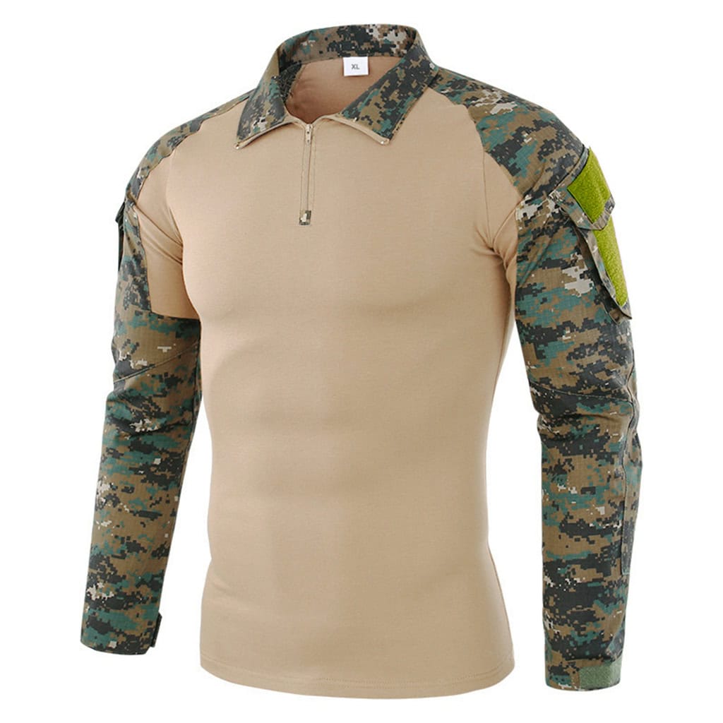 Front view of the custom jungle digital long sleeve combat shirt with a breathable tan body and rip-stop camo sleeves.