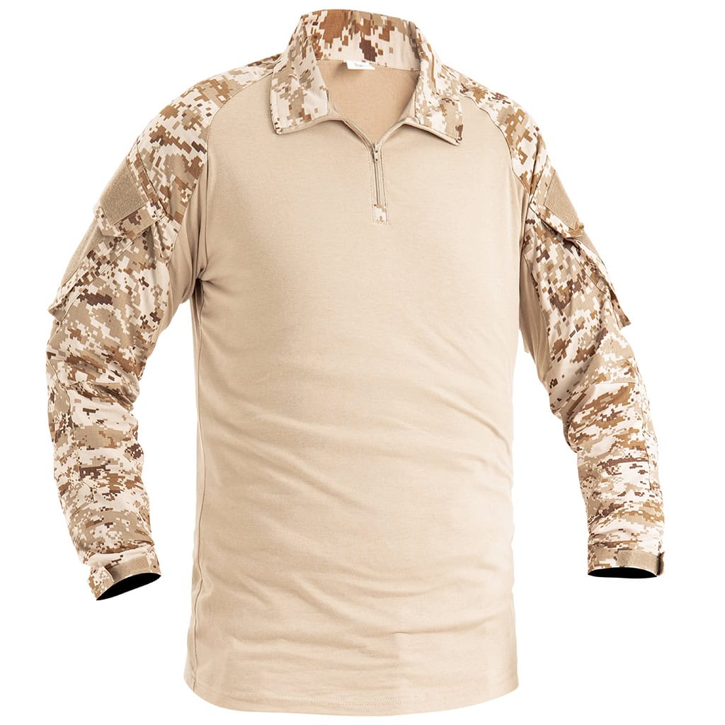 Front view of the custom digital desert long sleeve combat shirt with a breathable tan body and rip-stop camo sleeves.