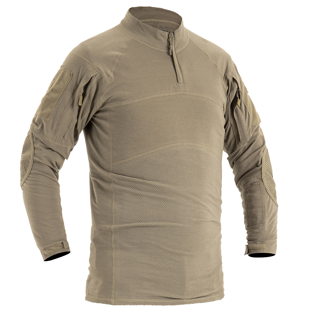 Front view of the custom khaki G4 long sleeve combat shirt with a breathable, multi-panel tan body and solid khaki sleeves.
