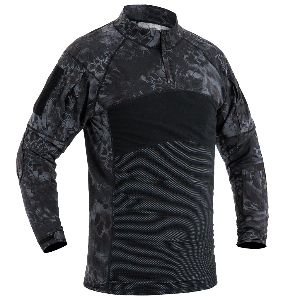 Front view of the custom black python G4 long sleeve combat shirt with a breathable, multi-panel black torso.