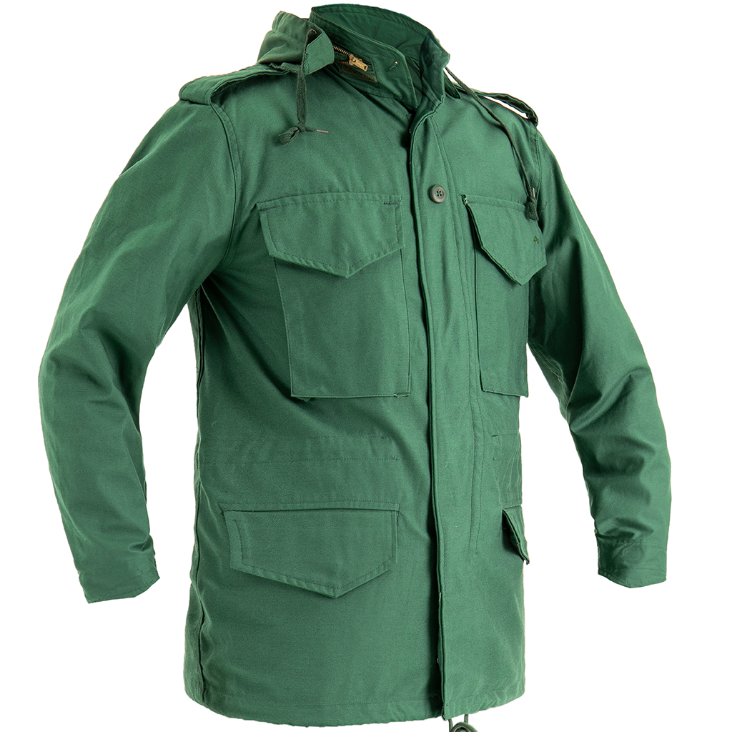 Front view of the custom olive green M65 field jacket with a stowable hood and four large front pockets.