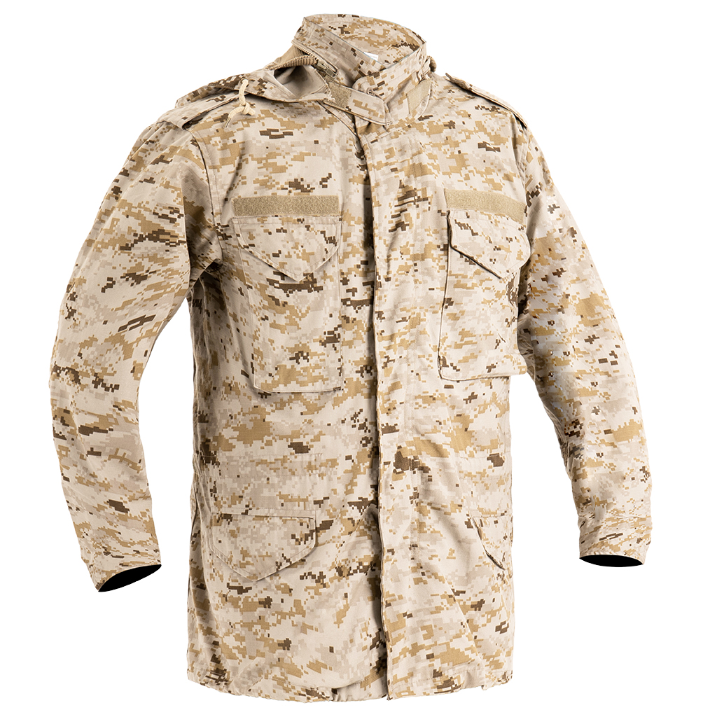 Front view of the custom digital desert M65 field jacket with a stowable hood and four large front pockets.