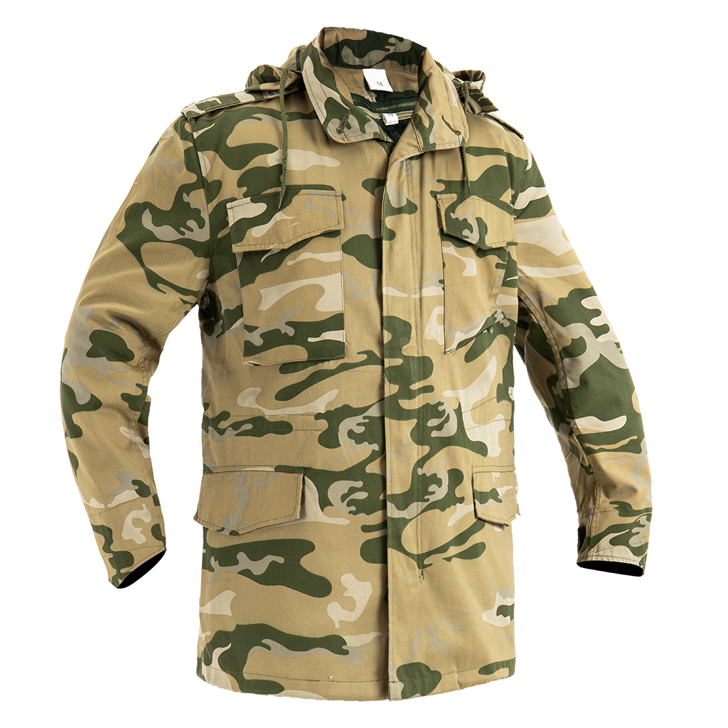 Front view of the custom Yemen camo M65 field jacket with a stowable hood and four large front pockets.
