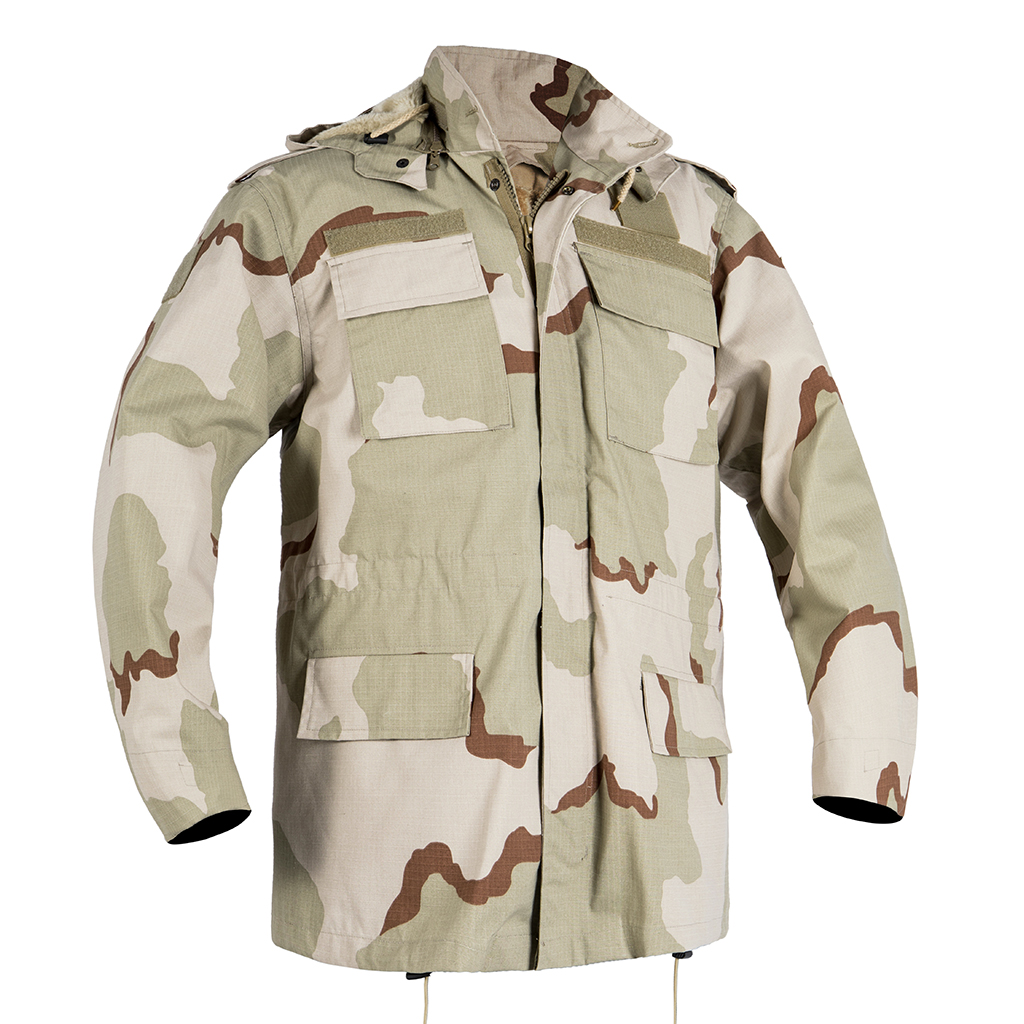 Front view of the custom tri-color desert M65 jacket with a detachable hood and four large front pockets.