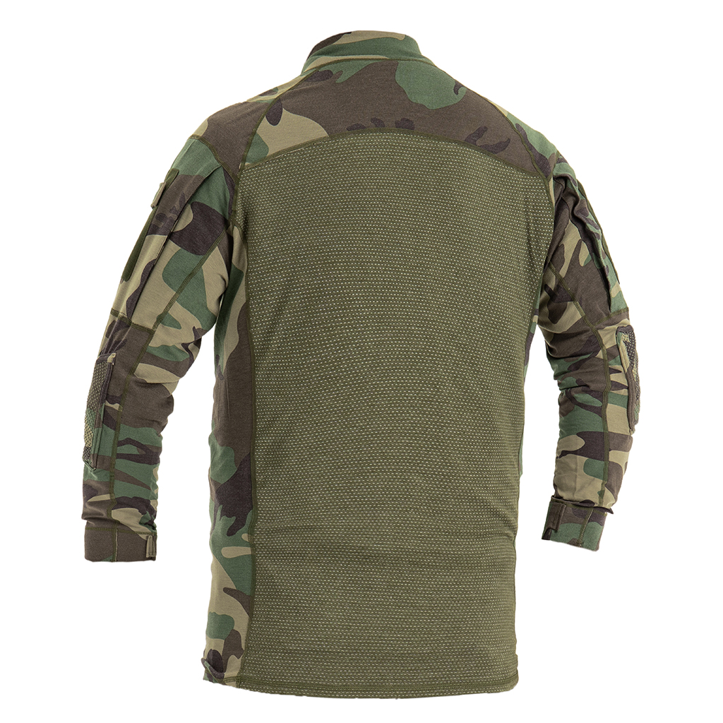 Back view of the custom woodland camo G4 combat shirt, showing the full breathable mesh panel for ventilation.