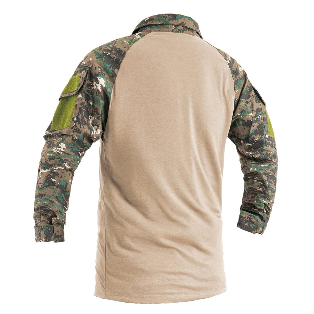 Back view of the custom jungle digital long sleeve combat shirt, showing the breathable tan torso and raglan sleeves.