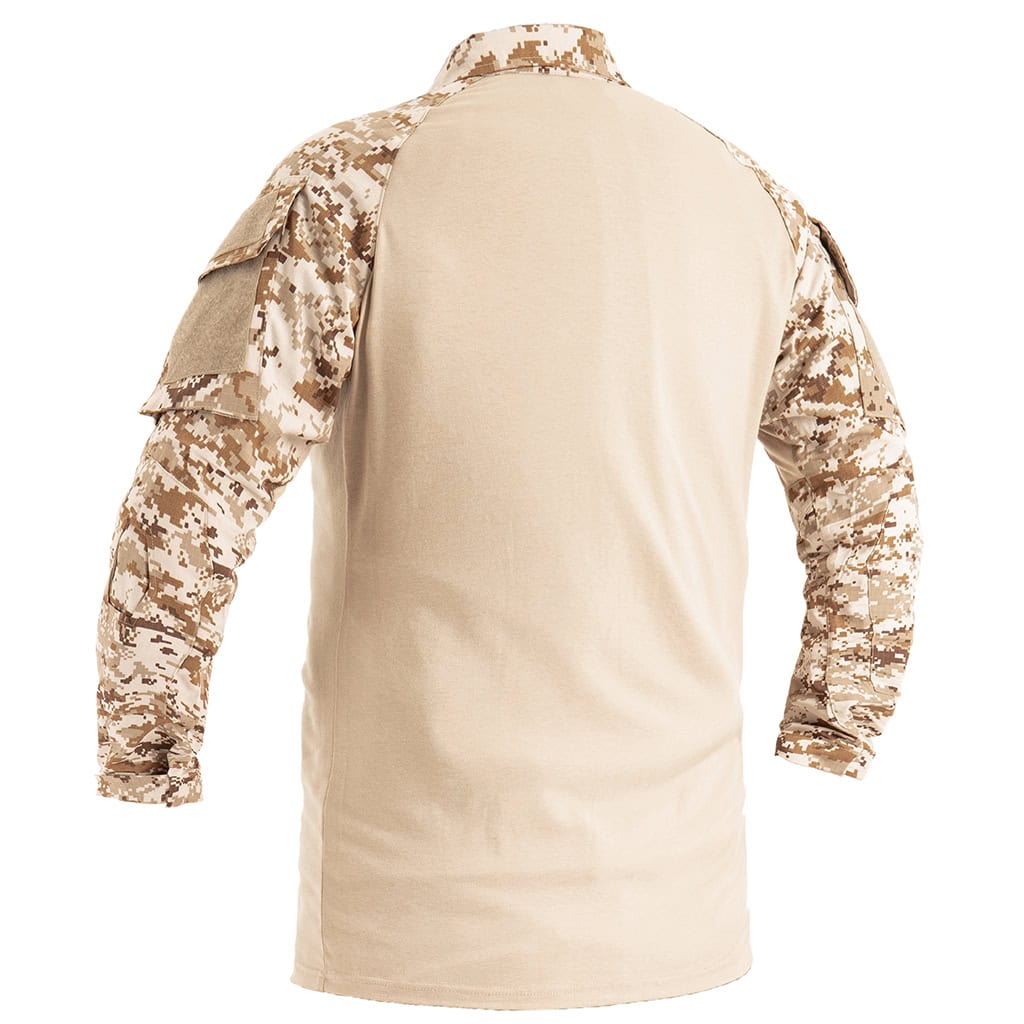Back view of the custom digital desert long sleeve combat shirt, showing the breathable tan torso and raglan sleeves.