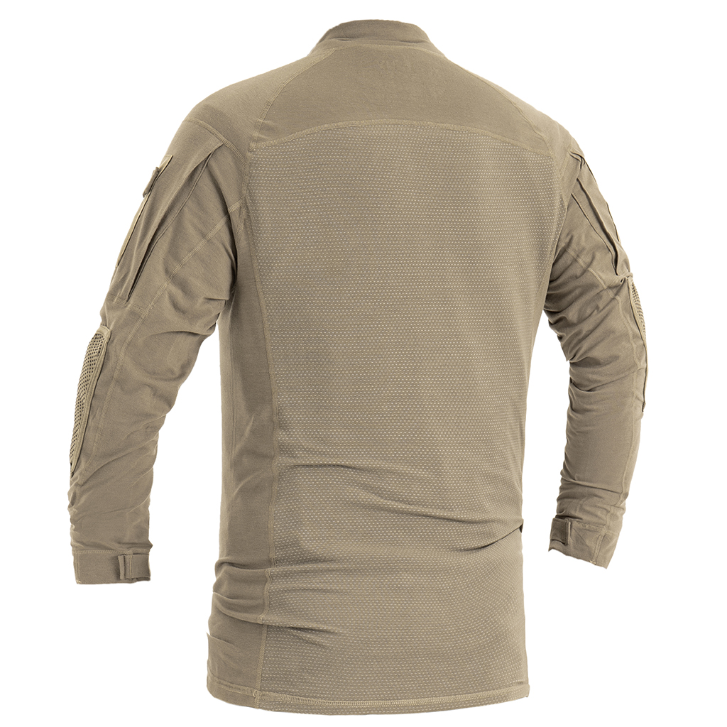 Back view of the custom khaki G4 long sleeve combat shirt, showing the full breathable mesh panel for superior ventilation.