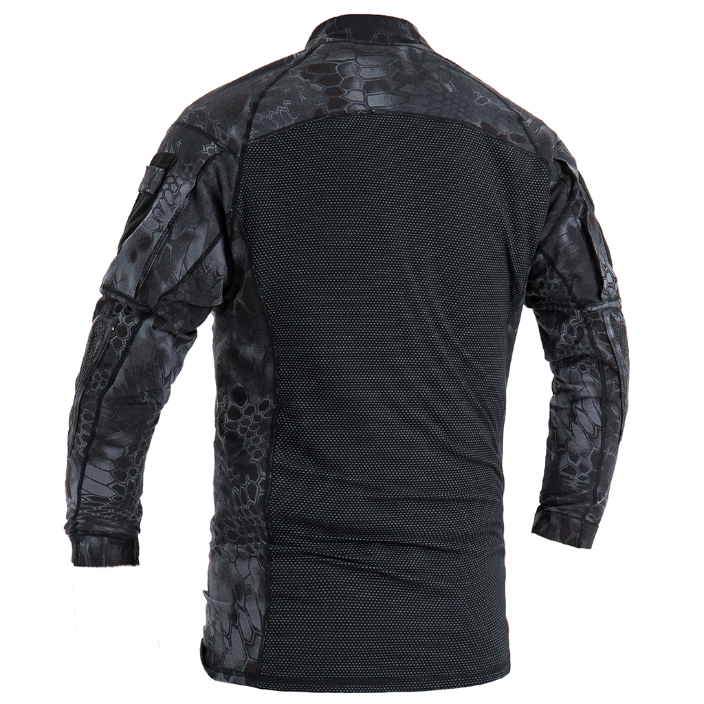 Back view of the custom black python G4 long sleeve combat shirt, showing the full breathable mesh panel for superior ventilation.