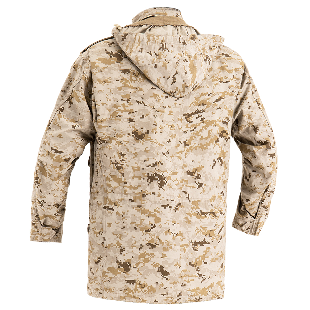 Back view of the custom digital desert M65 field jacket, showing the clean design and stowable hood outline.