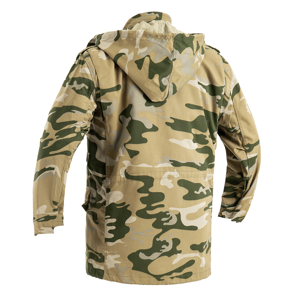 Back view of the custom Yemen camo M65 field jacket, showing the clean design and bi-swing back for mobility.