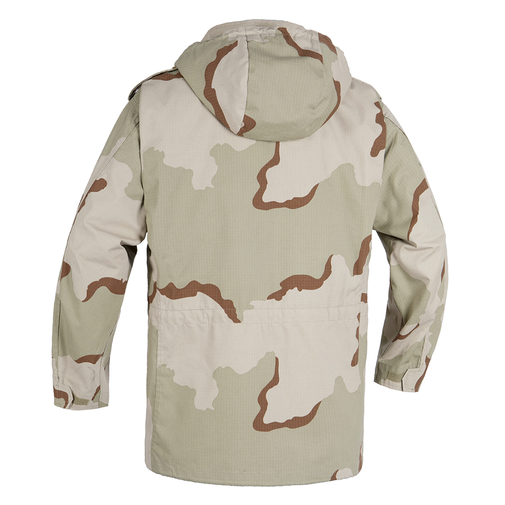 Back view of the custom tri-color desert M65 jacket, showing the detachable hood and clean, professional design.