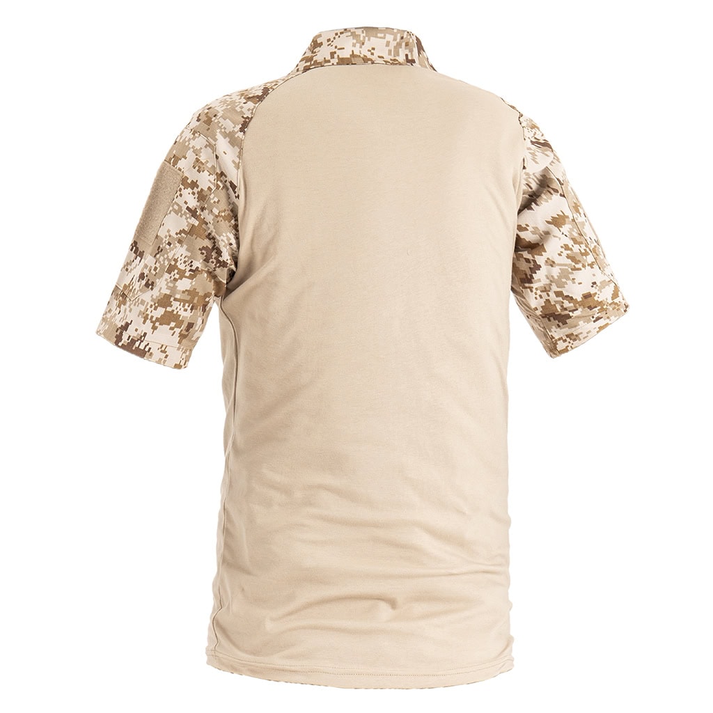 Back view of the short sleeve desert digital combat shirt, showing the breathable sand-colored torso and camo raglan sleeves.