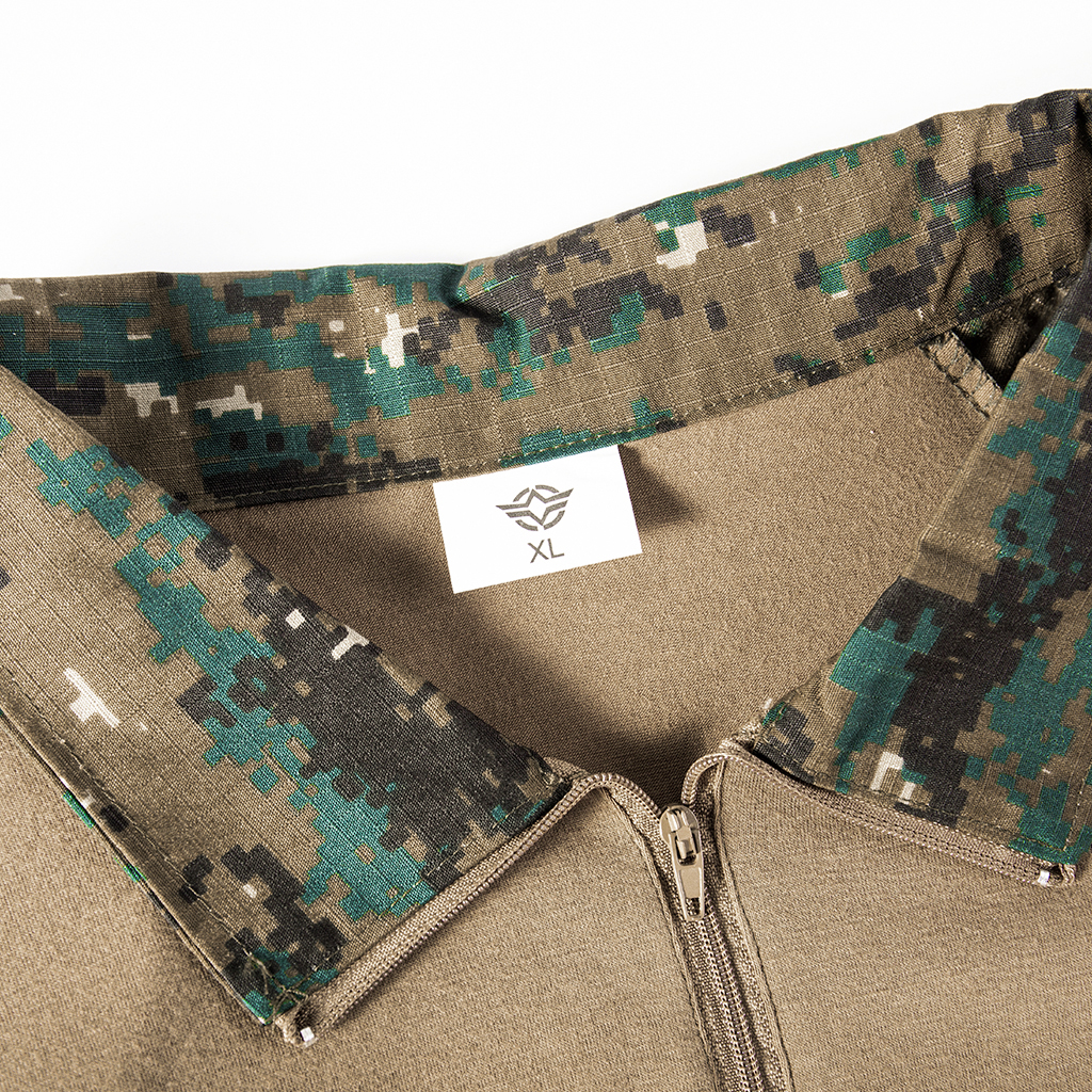 Close-up of the quarter-zip collar on the custom jungle digital long sleeve combat shirt.