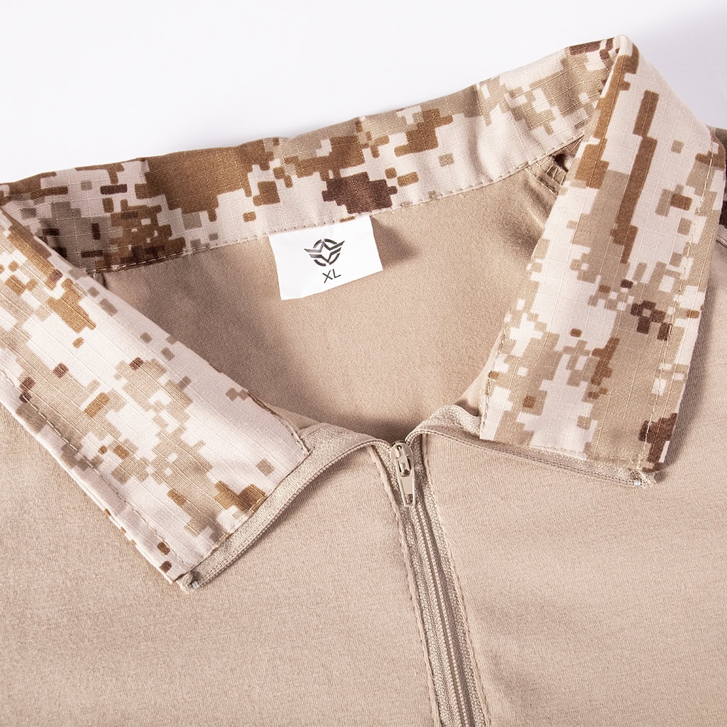 Close-up of the quarter-zip collar on the custom digital desert long sleeve combat shirt.