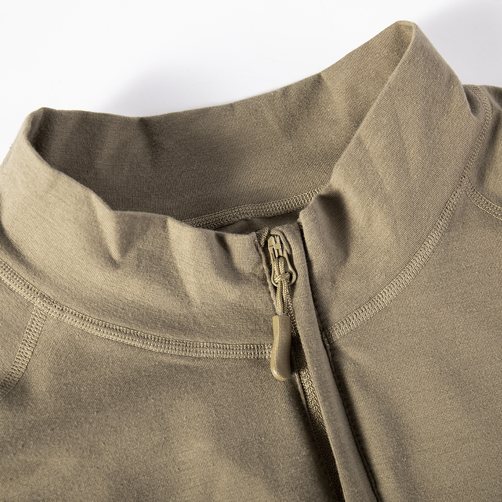Close-up of the quarter-zip stand-up collar on the custom khaki G4 long sleeve combat shirt.