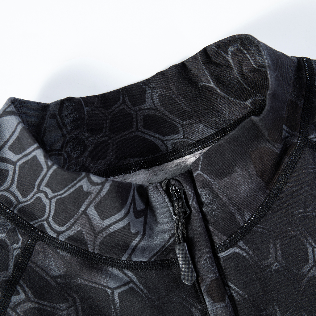 Close-up of the quarter-zip stand-up collar on the custom black python G4 long sleeve combat shirt.